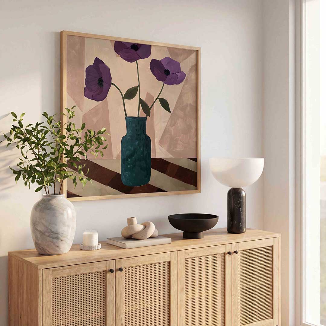 Paarse bloemen in vaas – kunst en design poster in vierkant formaat