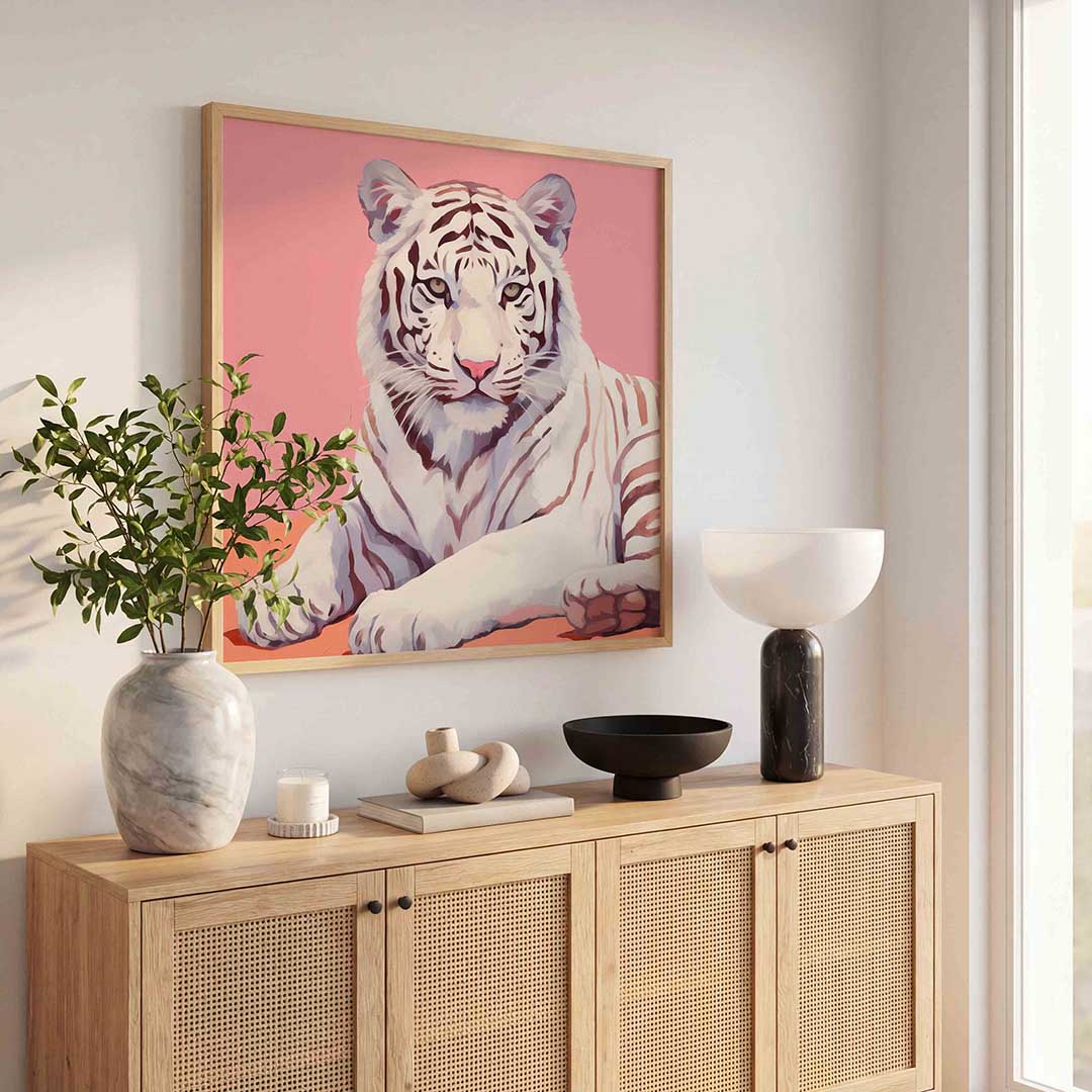 Witte tijger op roze – dierenillustratie als vierkante poster
