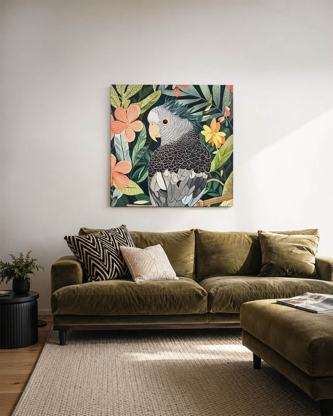 Vrolijke papegaai kunstwerk – sfeerbeeld – dit kunstwerk toont een gedetailleerde papegaai omringd door kleurrijke bloemen en