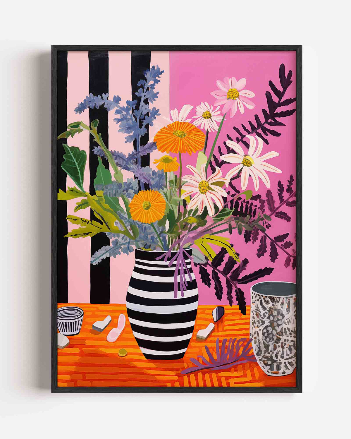 Bloemen in gestreepte vaas – bloemen portret poster als wanddecoratie
