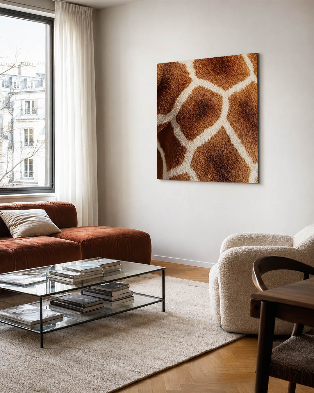 Organische patronen kunstwerk – vierkante wanddecoratie – dit kunstwerk toont een patroon van bruine en witte vlekken, met
