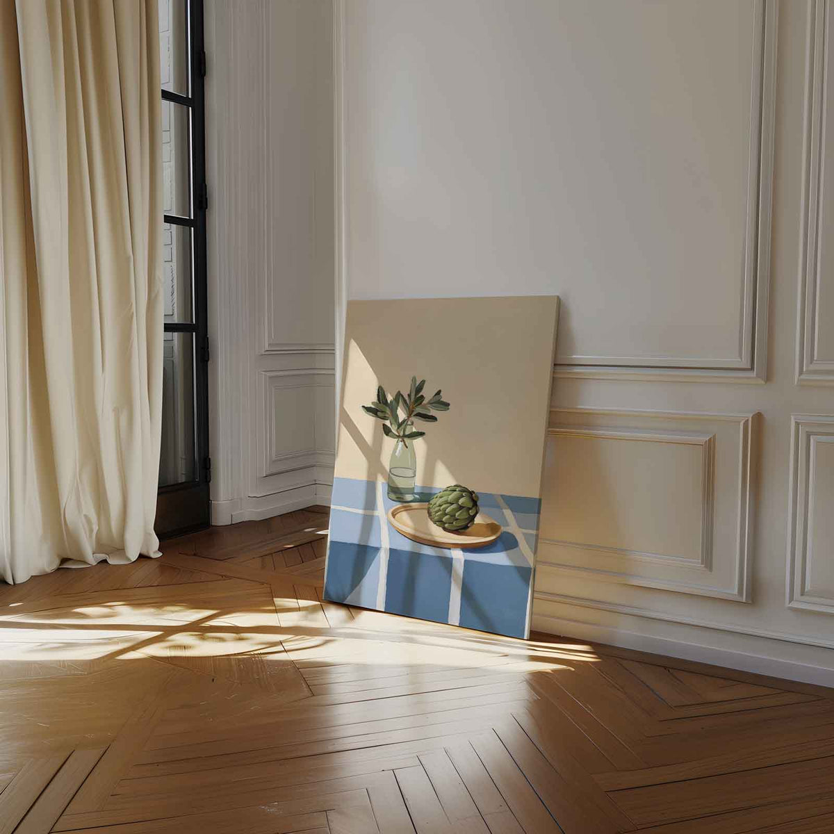 Stilleven met Artisjok en Fles – dibond wanddecoratie in staand formaat
