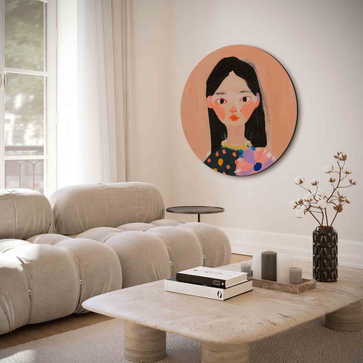Vrouw met bloem – muurcirkel met abstracte texturen voor aan de muur