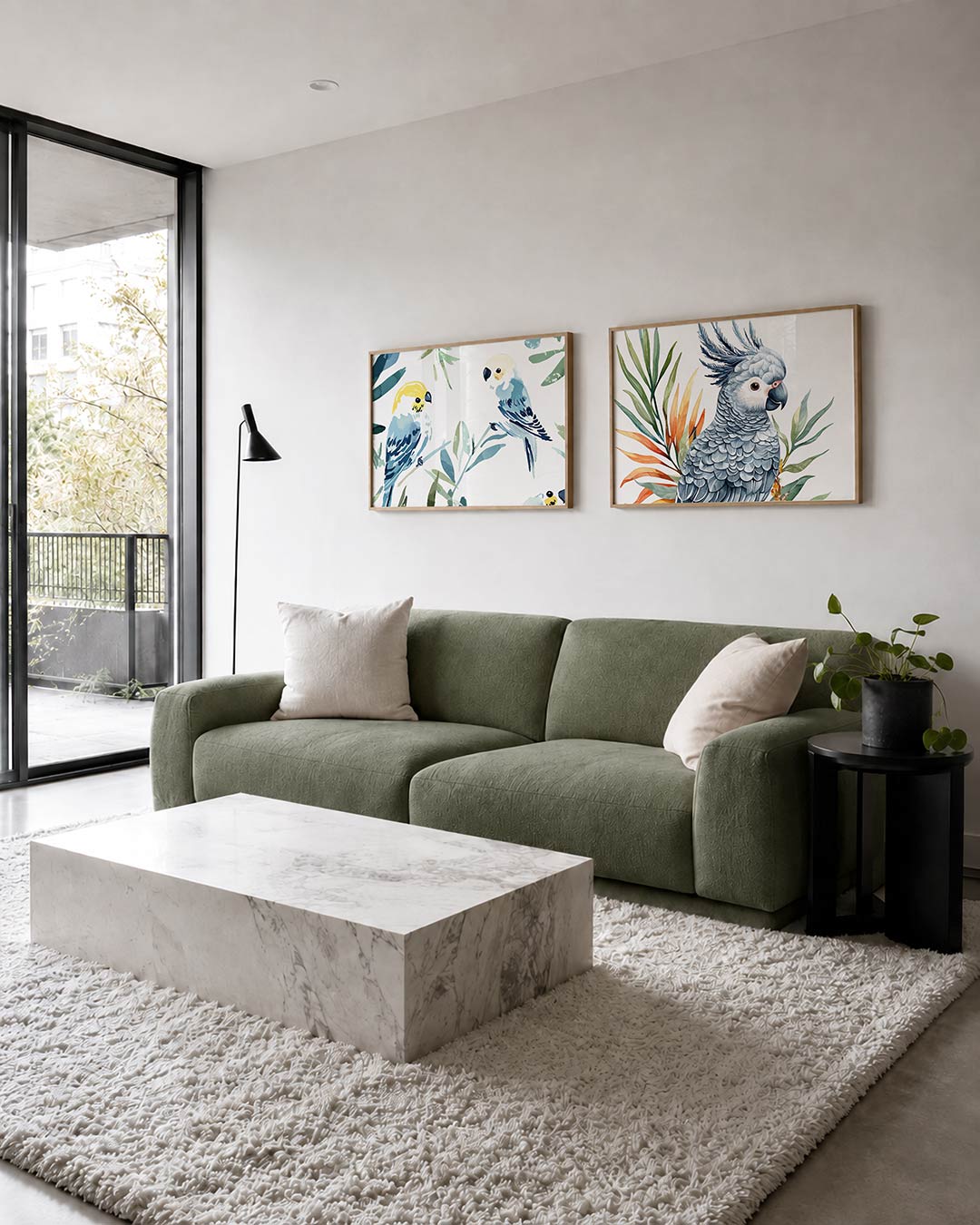 Twee liggende posters met twee vogels in zachte blauwtinten met gele accenten, aan de muur in een interieur