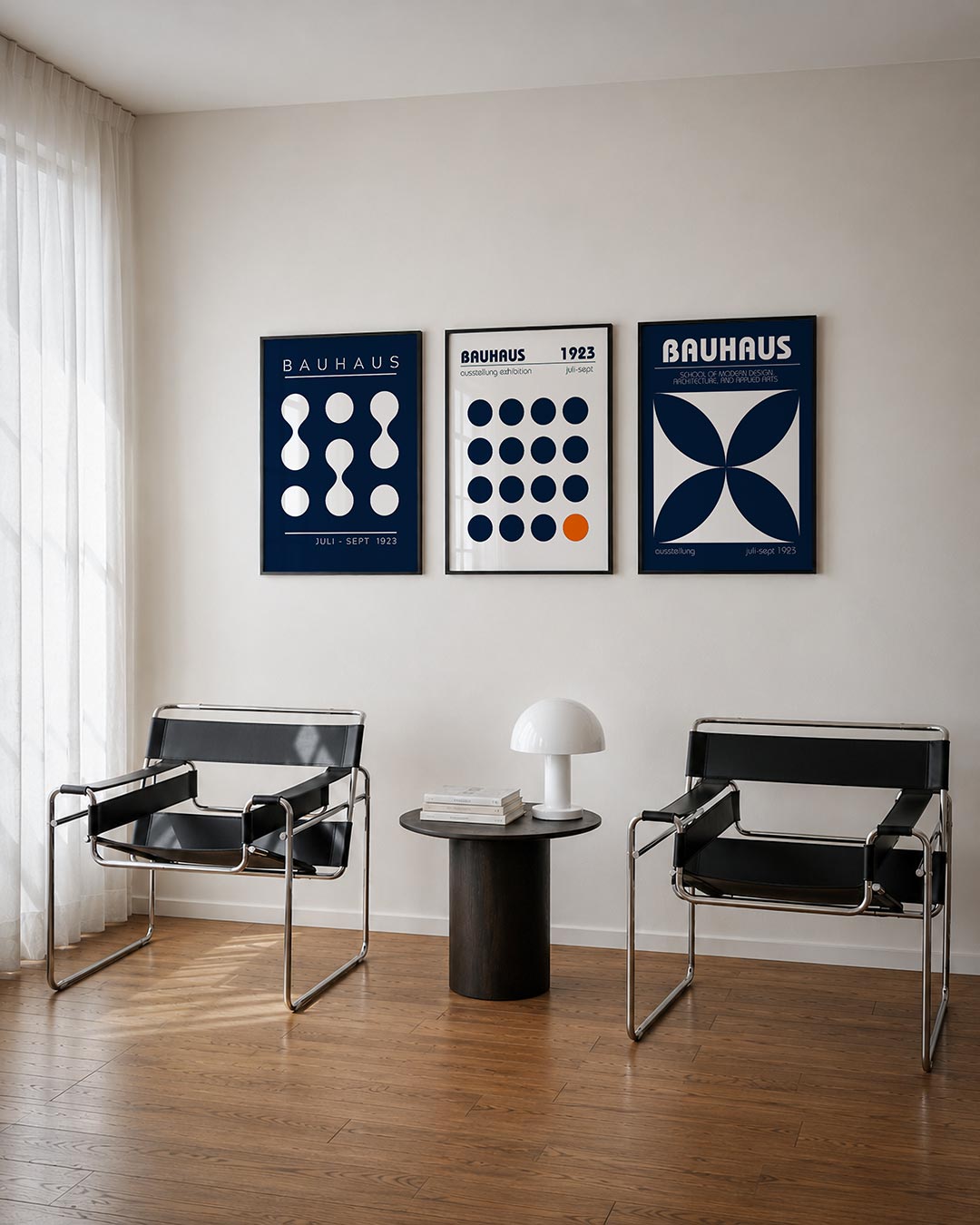 Vormen en vlakken driedelige posterset – deze posterset in drie delen toont een ritmisch spel van witte cirkels en