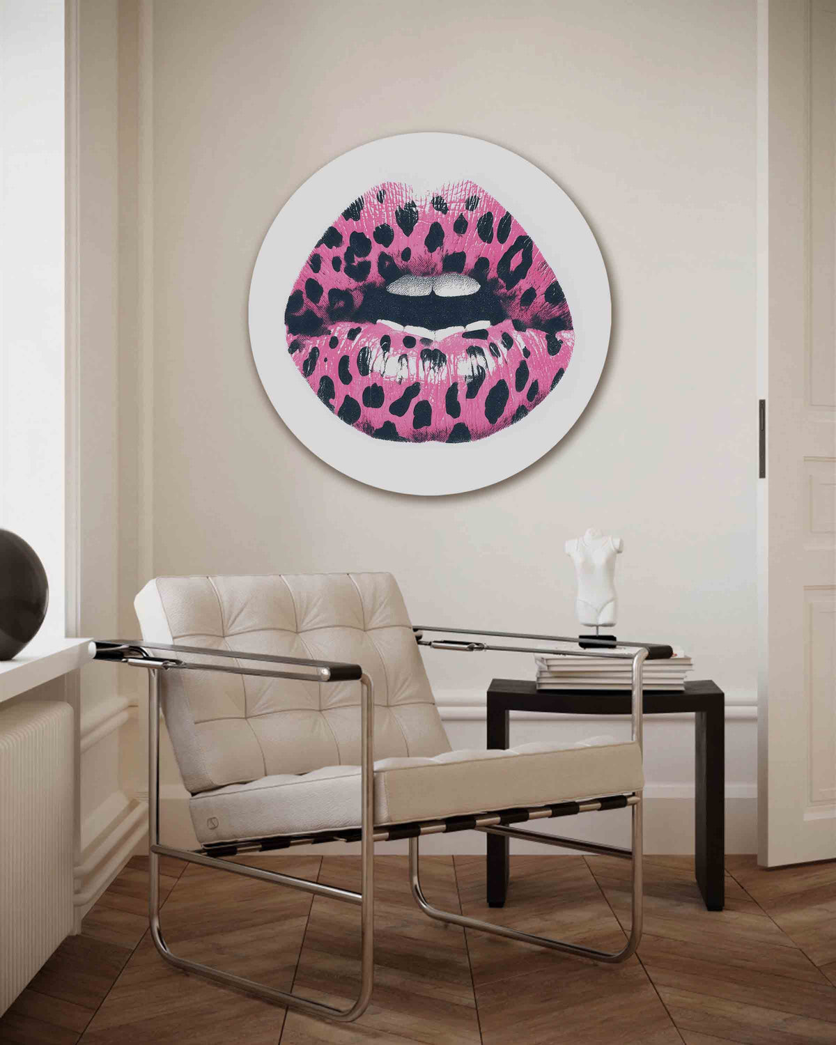 Roze lippen – Pop Art muurcirkel als ronde wanddecoratie