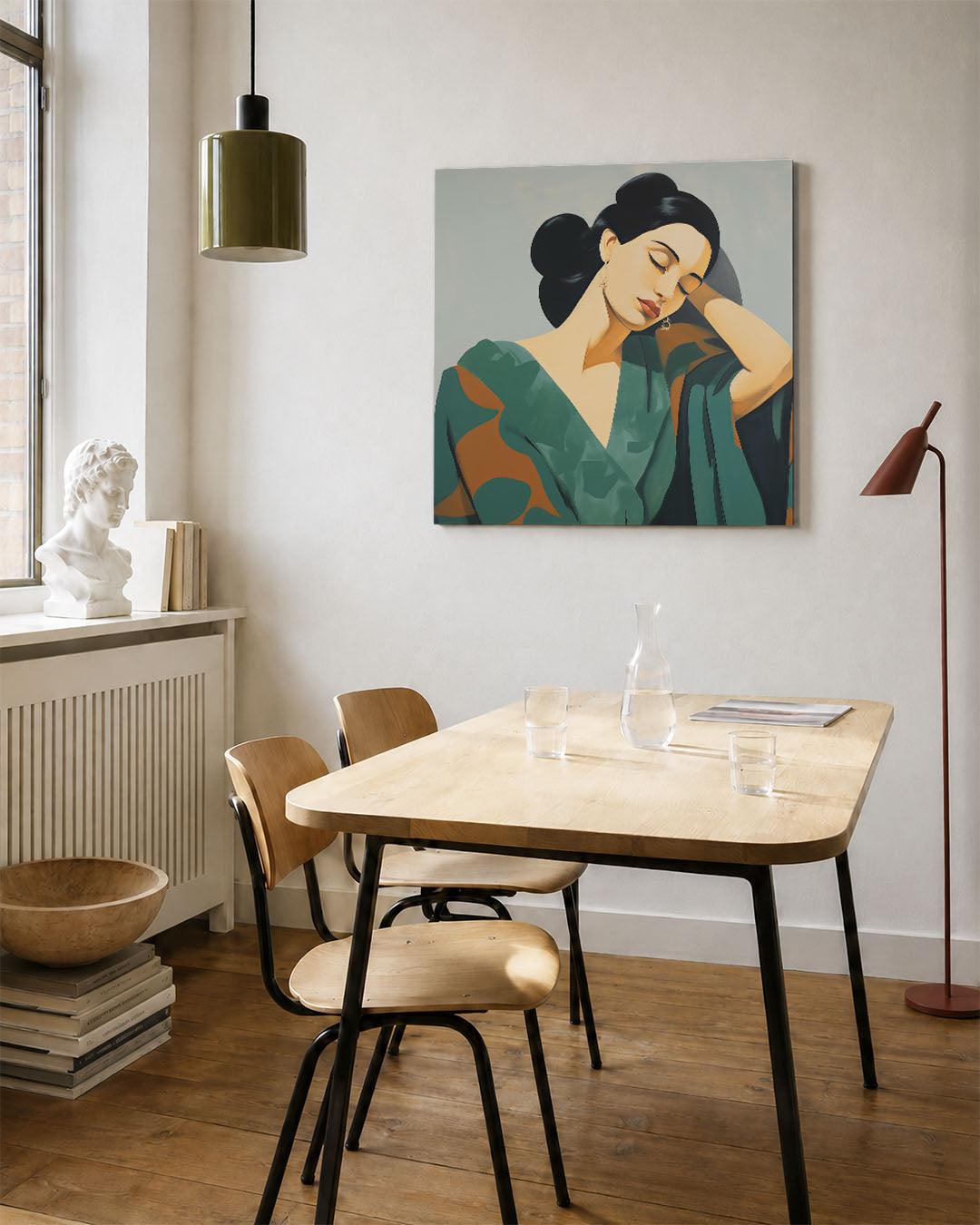 Dromerige vrouw kunstwerk – vierkante wanddecoratie – dit kunstwerk toont een serene vrouw met gesloten ogen. De zachte