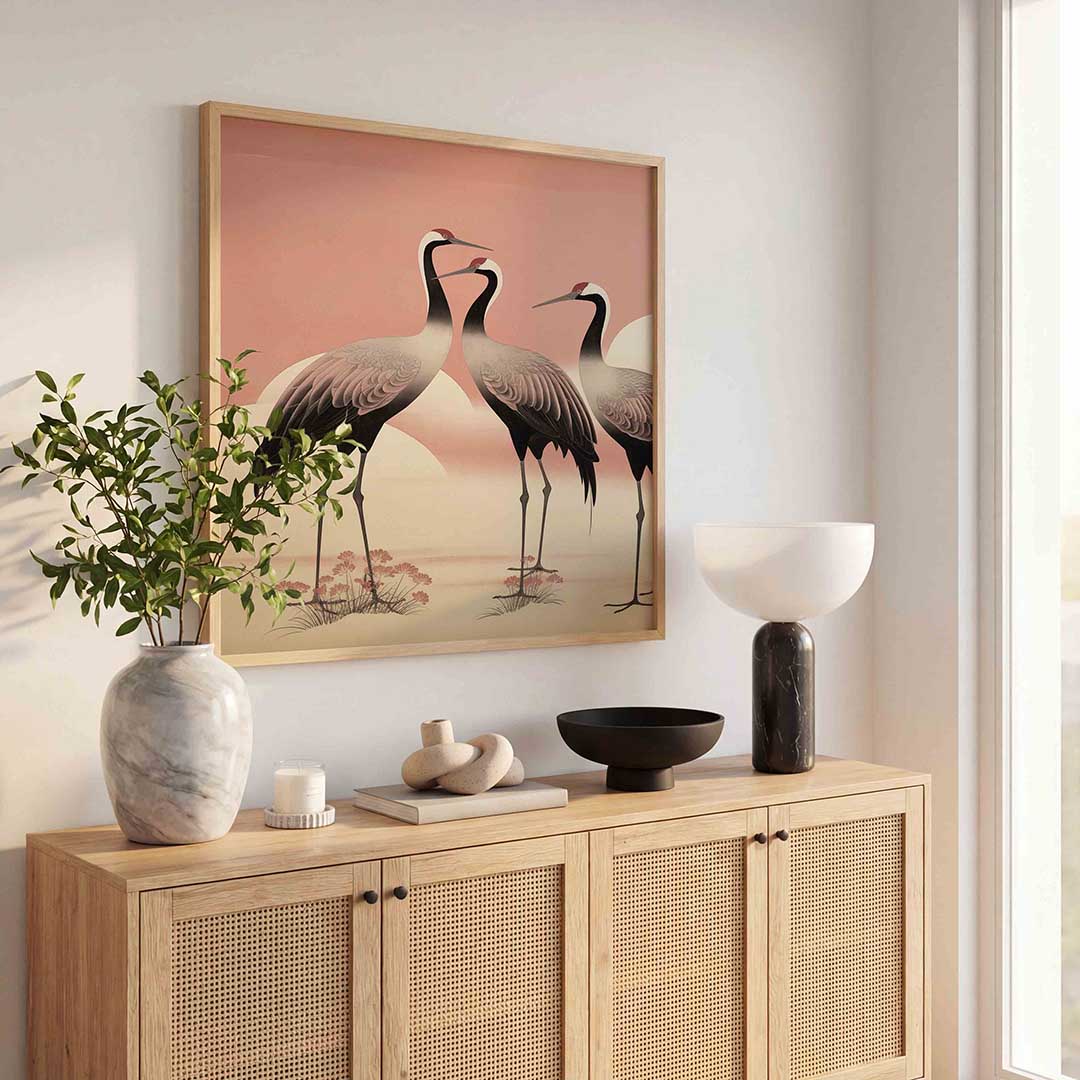 Drie kraanvogels – dierenillustratie als vierkante poster