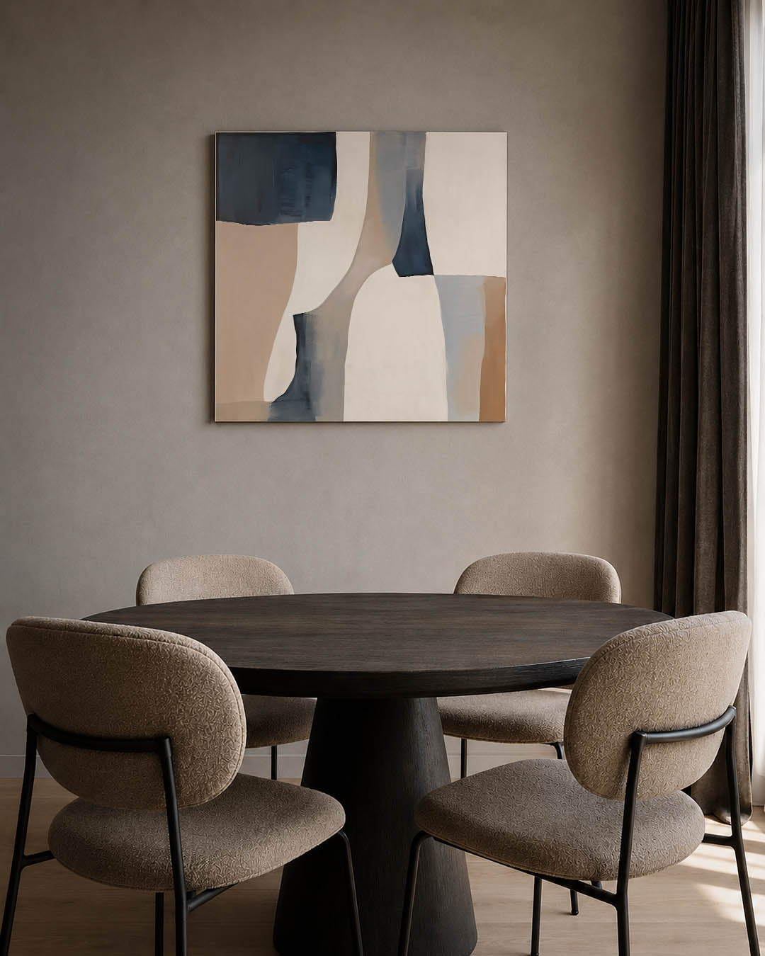 Organische vormen compositie kunstwerk – tweede productweergave – dit werk toont vloeiende vormen in zachte beige en blauwe