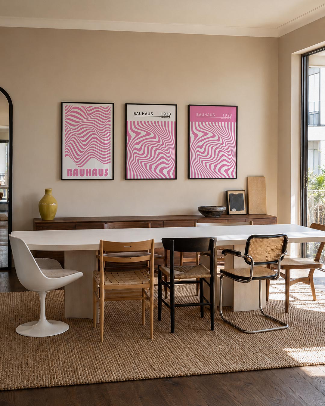 Golvend lijnenspel driedelige posterset – deze posterset in drie delen toont vloeiende roze lijnen die ritmisch over een