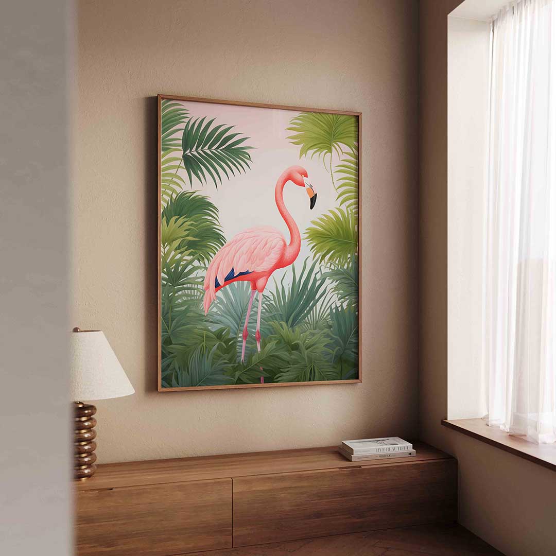 Flamingo tussen bladeren – tropische wandkunst als portret poster