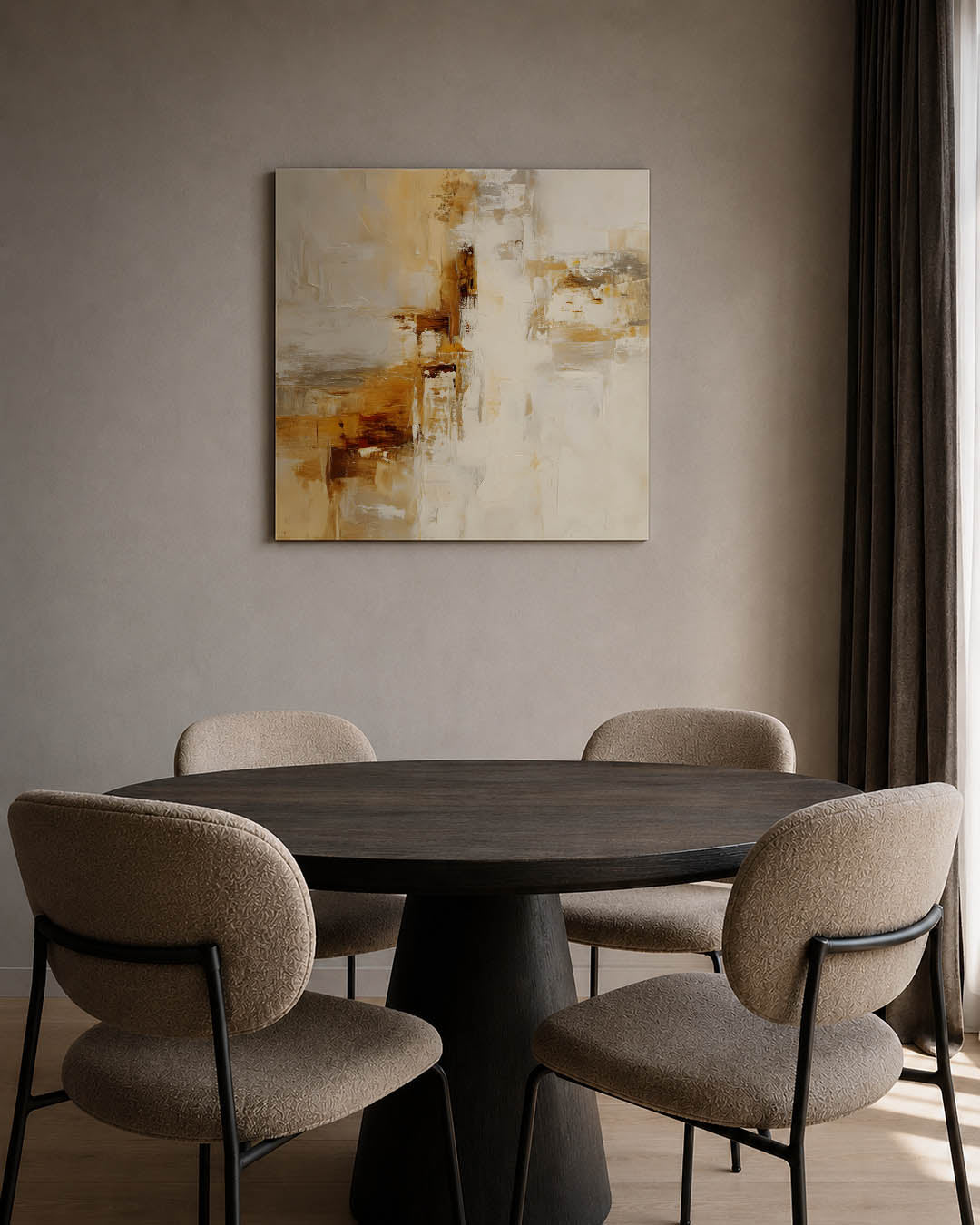 Gelaagde kleurencompositie kunstwerk – tweede productweergave – dit werk toont een dynamische mix van beige en bruin, met