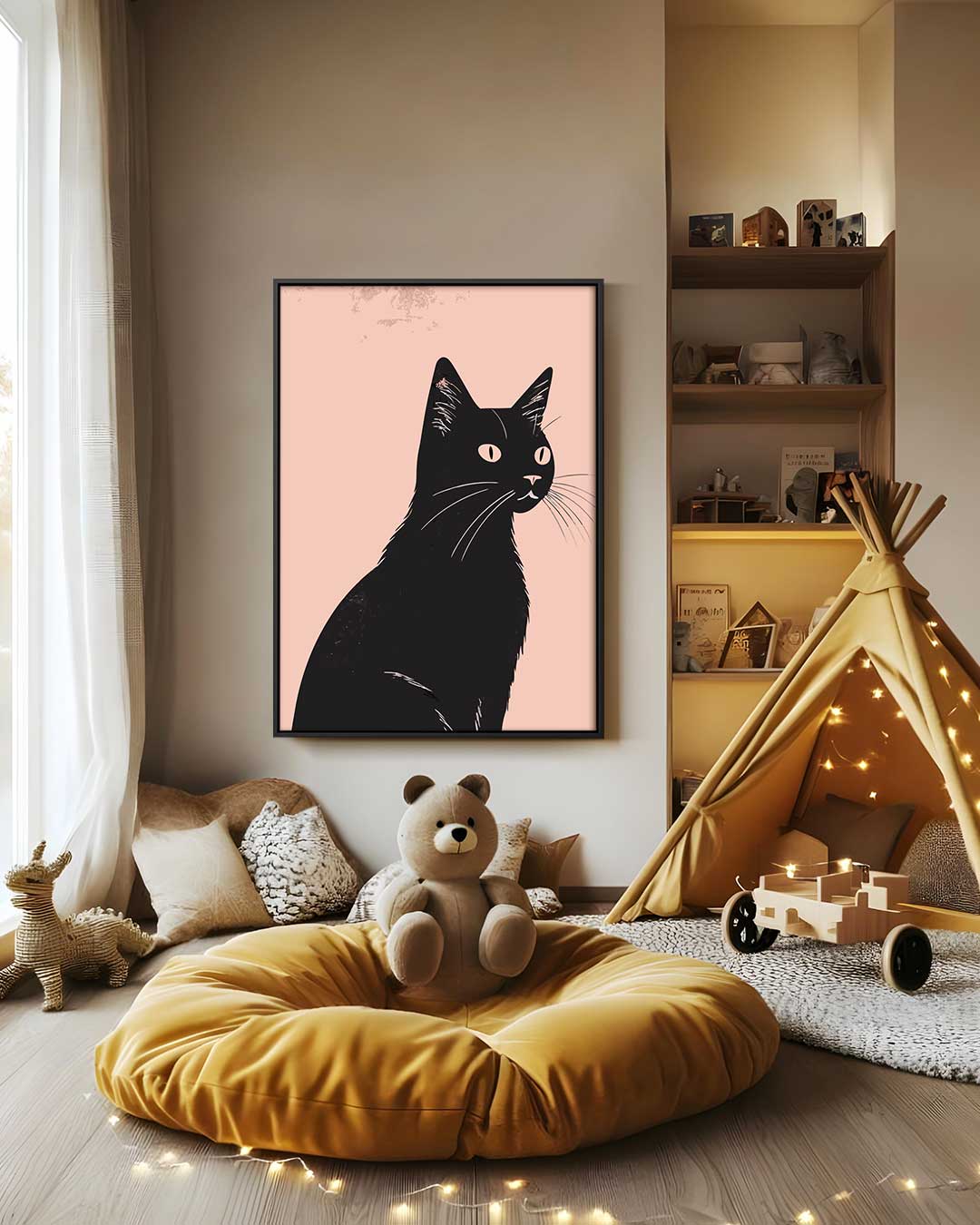 Stijlvolle Zwarte Kat Illustratie – canvas wanddecoratie in portret formaat