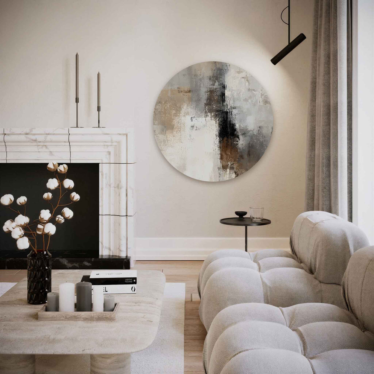Abstracte beige – abstracte muurcirkel als ronde wanddecoratie