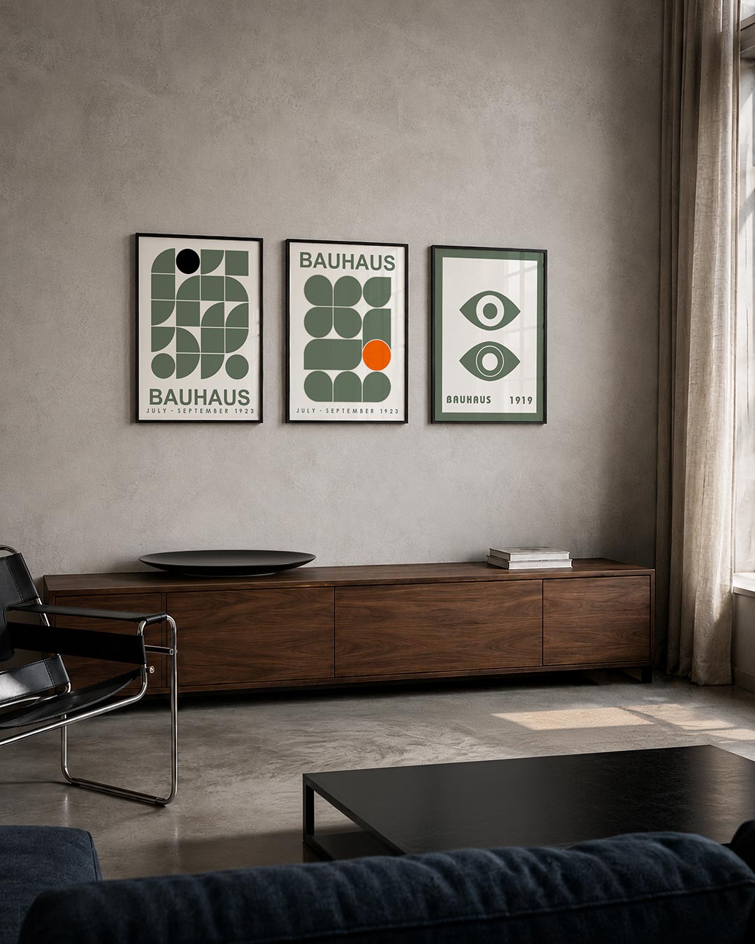 Vorm en kleurenspel driedelige posterset – deze posterset in drie delen toont een dynamisch lijnenspel van halve cirkels en