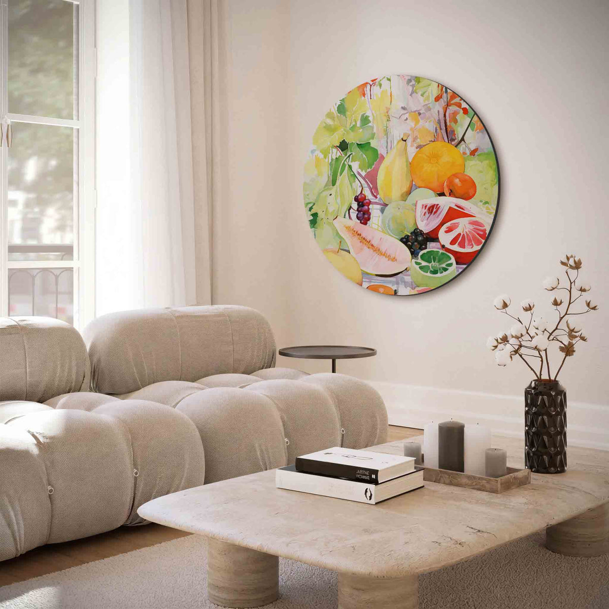 Fruit en bladeren – muurcirkel met abstracte texturen voor aan de muur