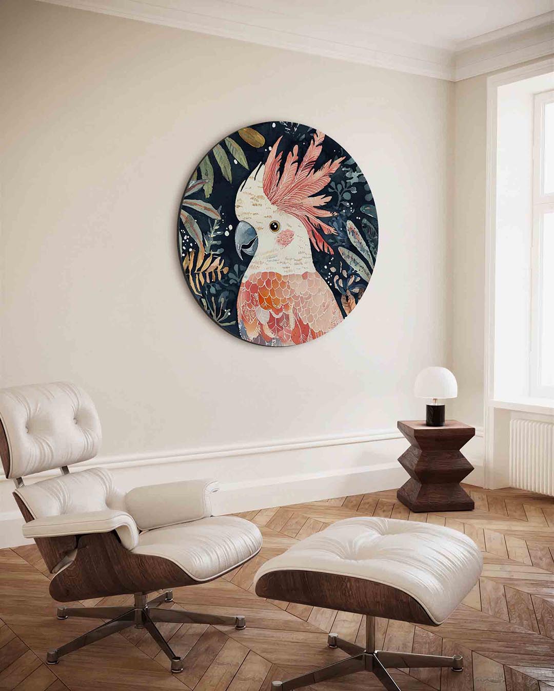 Papegaai en bladeren – kleurrijke ronde wanddecoratie van WallArtistic