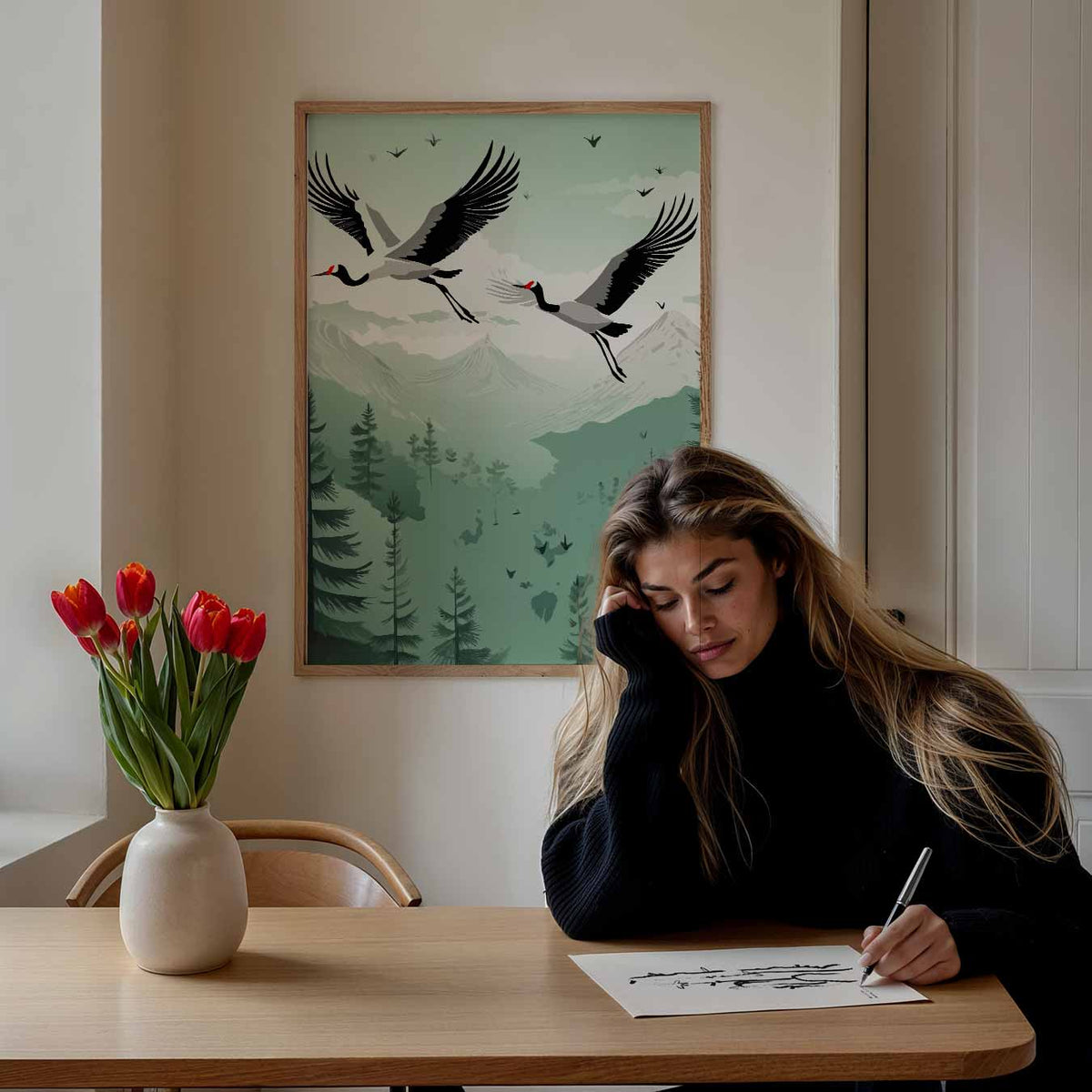 Zwevende Kraanvogels in Berglandschap – staande dieren wanddecoratie van WallArtistic