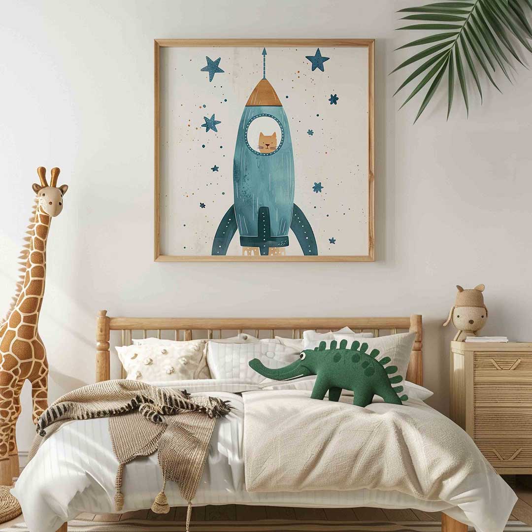Kat in raket – vierkante kinderkamer wanddecoratie van WallArtistic