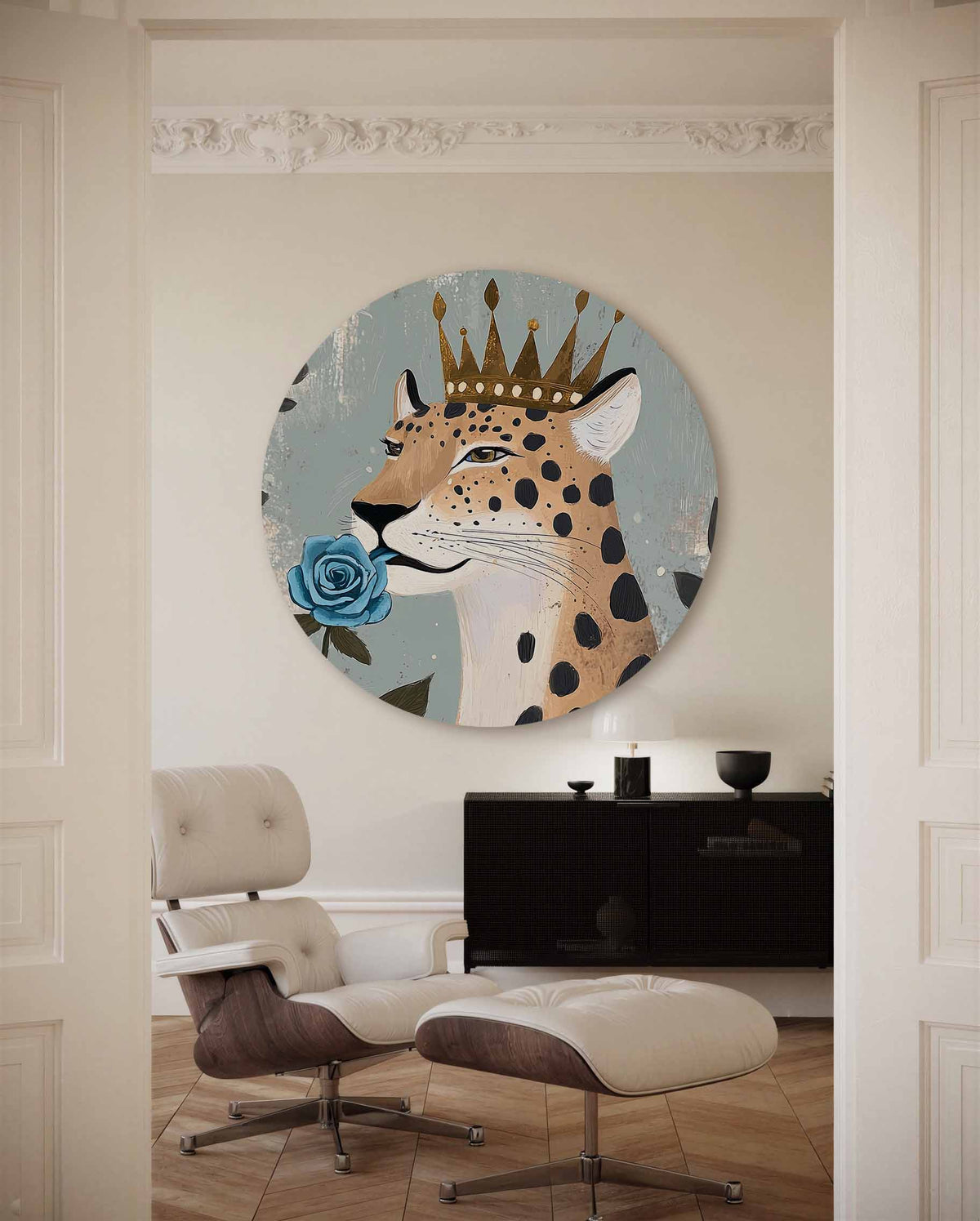 Luipaard met kroon – illustratie muurcirkel als ronde muurdecoratie