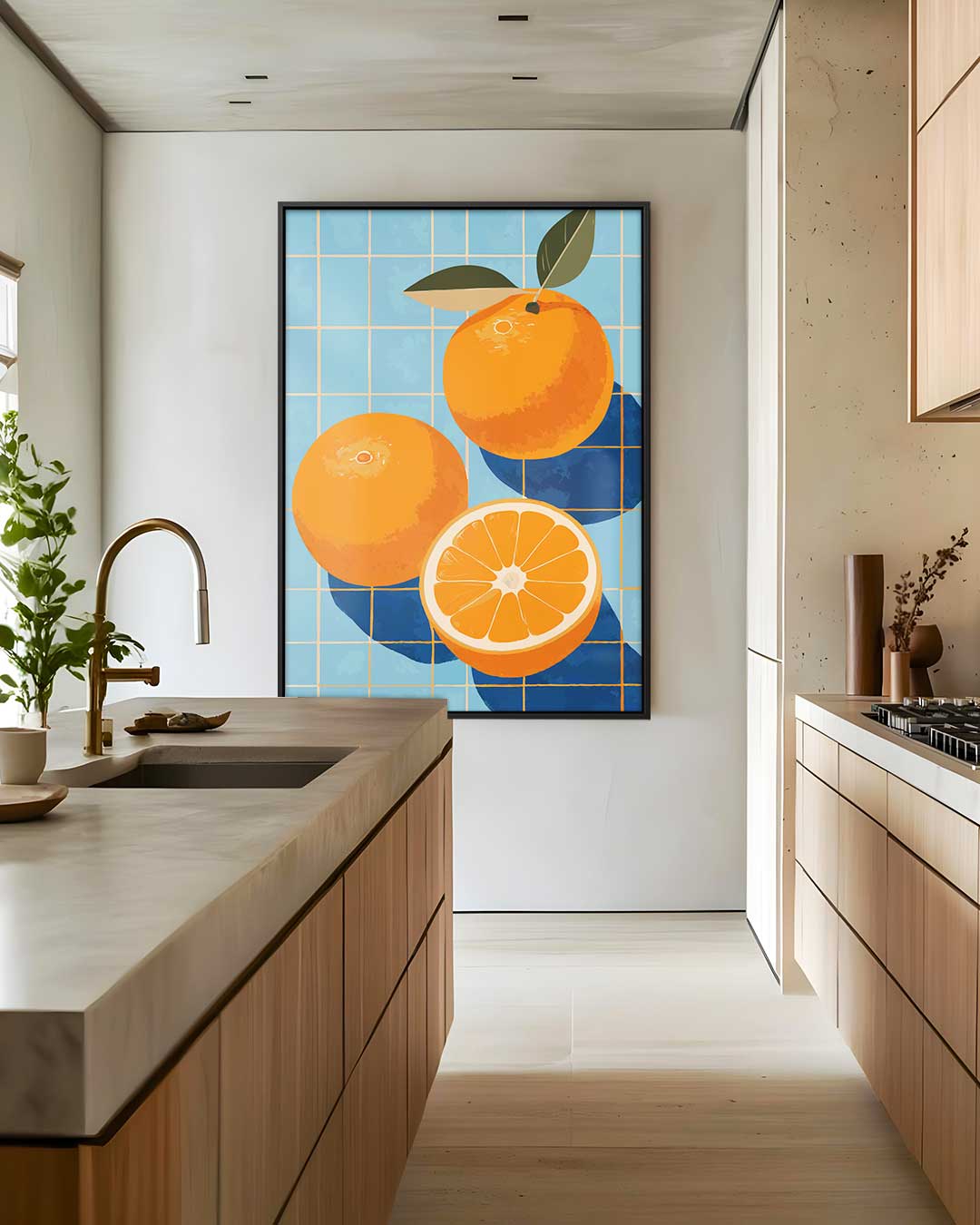 Zomerfrisse Sinaasappels op Tegels – staand kunstwerk voor modern interieur