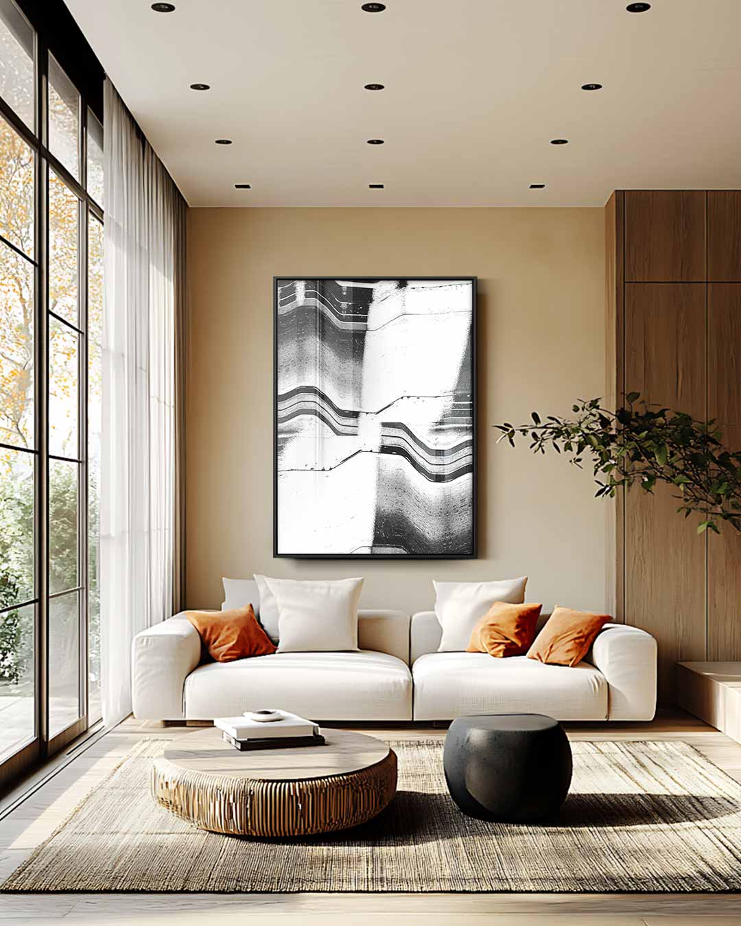 Golvende Contrastlijnen – staande wandkunst voor woonkamer of interieur