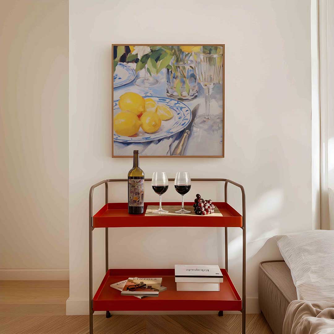Citroenen op tafel – vierkante keuken wanddecoratie van WallArtistic