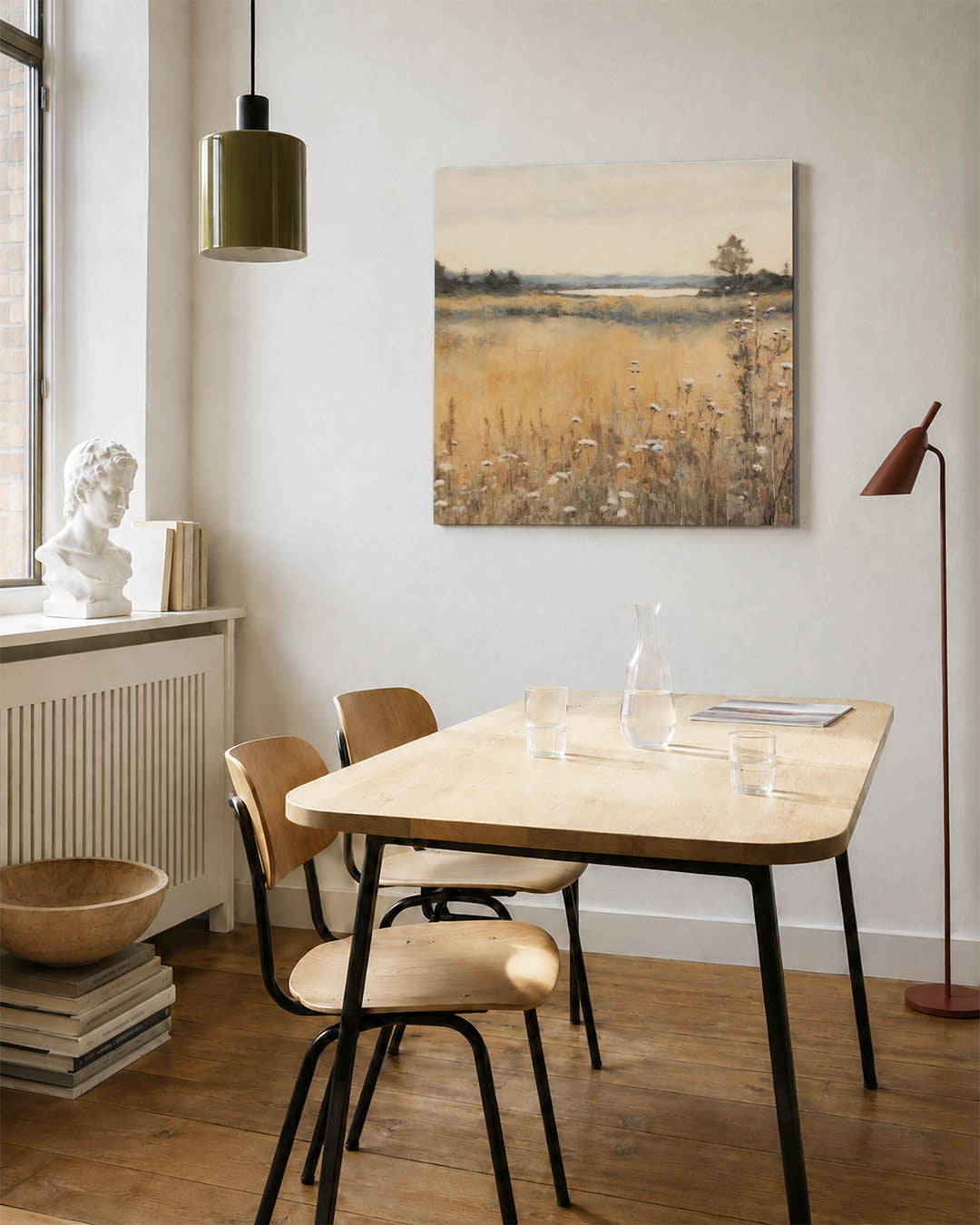 Rustige landschap weergave kunstwerk – detailweergave – dit werk toont een uitgestrekt veld met wilde bloemen en een verre