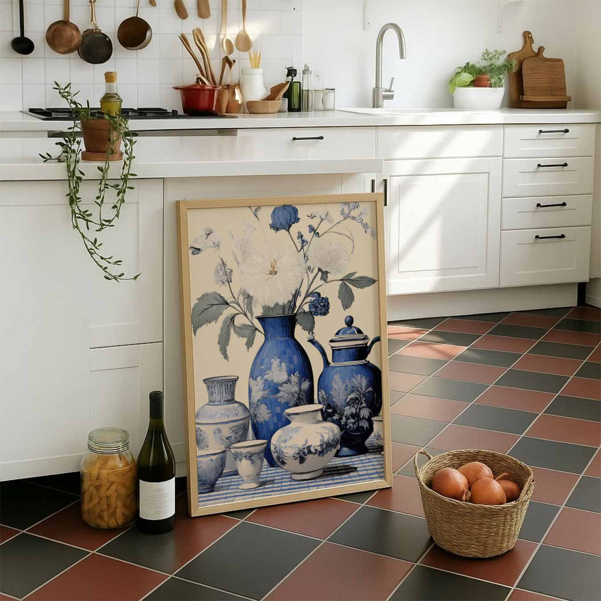 Tijdloze Bloemenpracht in Blauw – staande muurposter voor keuken of eethoek
