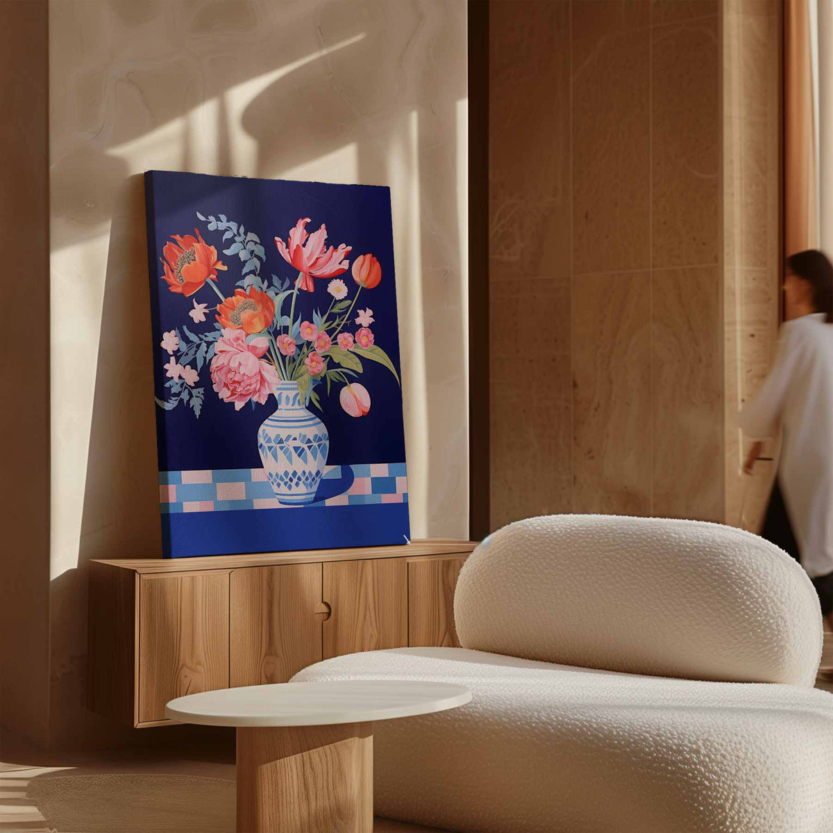 Bloemenpracht in Blauwe Vaas – dibond kunstwerk als wanddecoratie