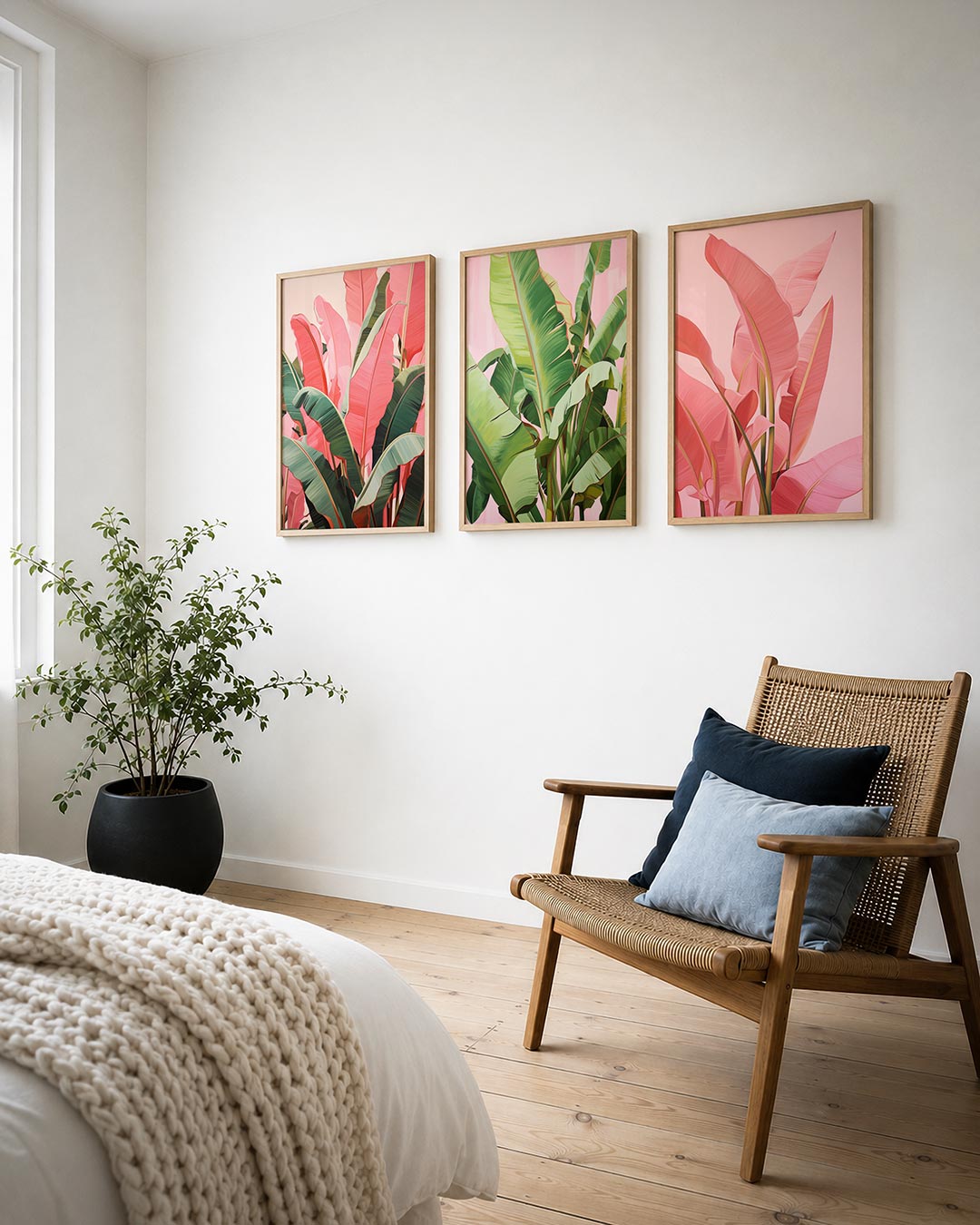Bladpatroon en kleur posterset – detailweergave – deze posterset toont een levendig spel van roze en groene