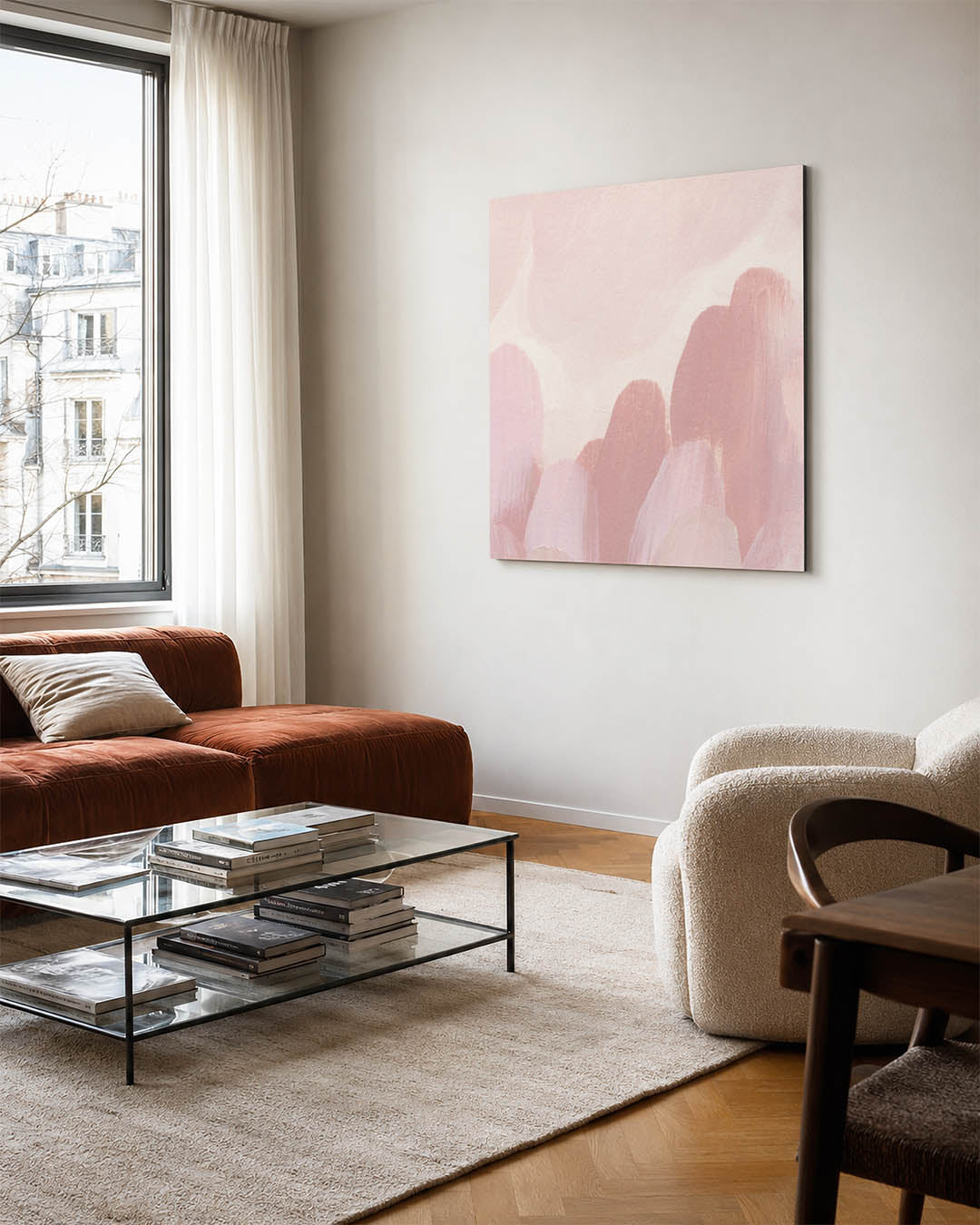 Zachte kleurencompositie kunstwerk – vierkante wanddecoratie – dit werk toont een harmonie van zachte penseelstreken in roze