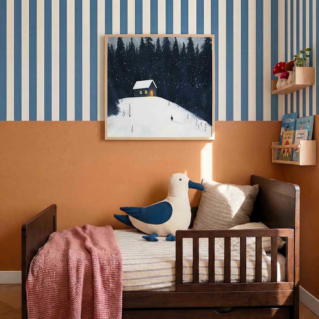 Sneeuwlandschap met huis – kids poster in vierkant formaat