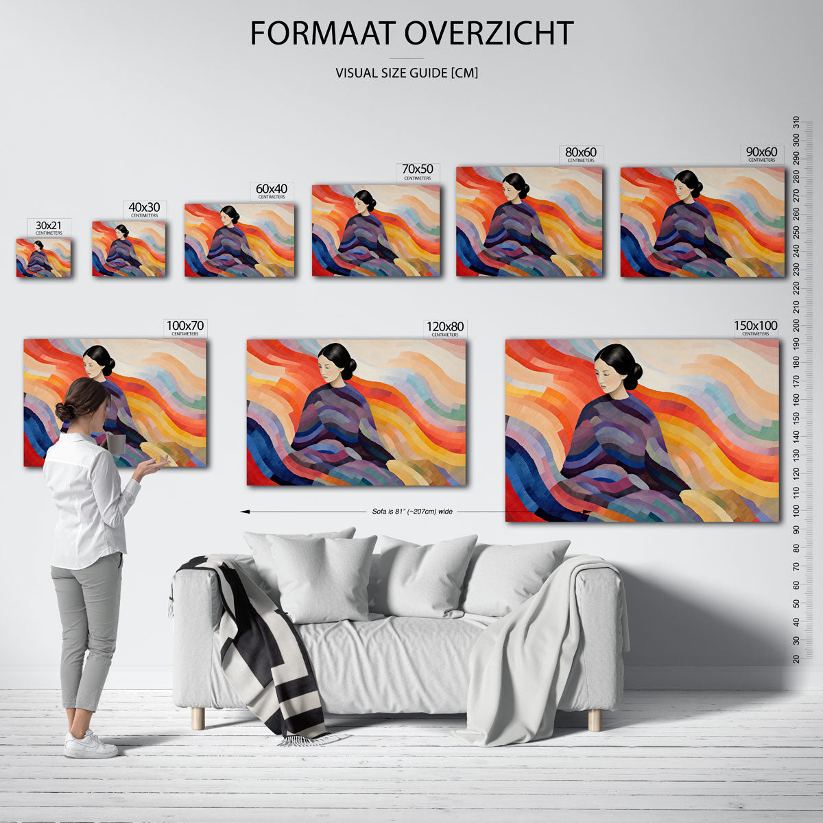 Vrouw met kleurrijke golven – landscape muurposter met eigentijdse illustratie