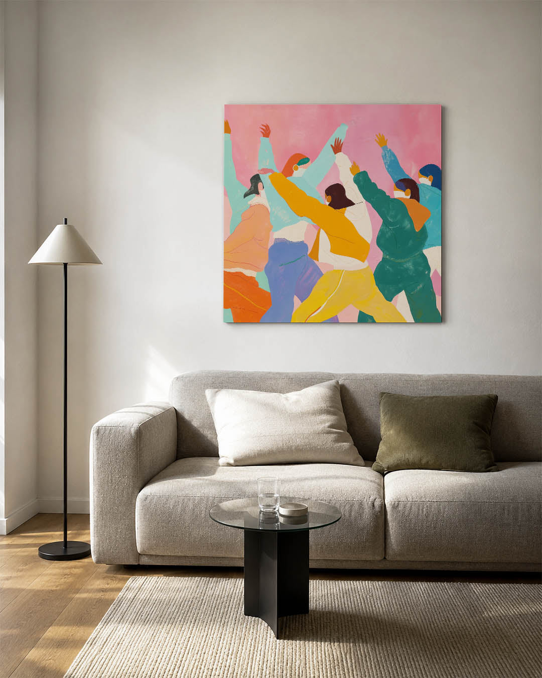 Dynamische figuren kunstwerk – vierkante wanddecoratie – dit kunstwerk toont een groep figuren in levendige bewegingen tegen