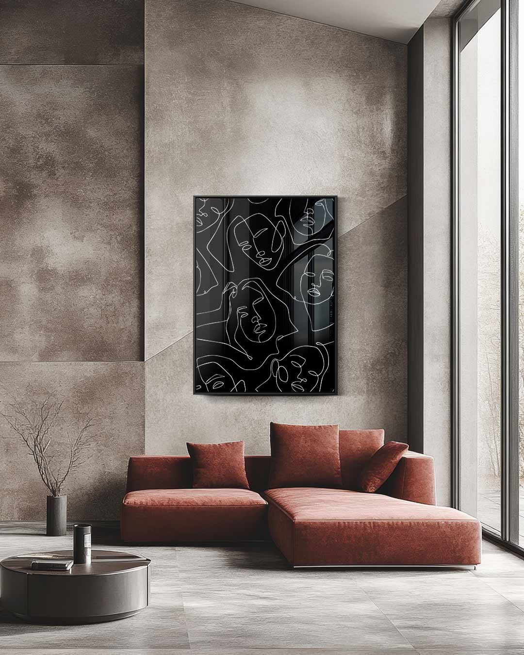 Lijngezichten op zwart – staande wandkunst voor woonkamer of interieur