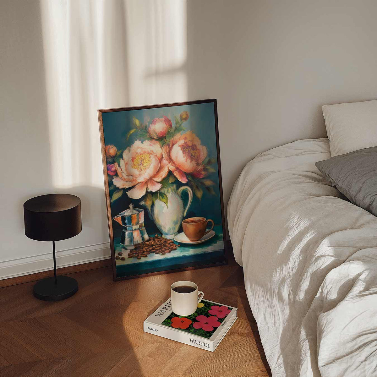Koffie en Bloemen – staande bloemen wanddecoratie van WallArtistic