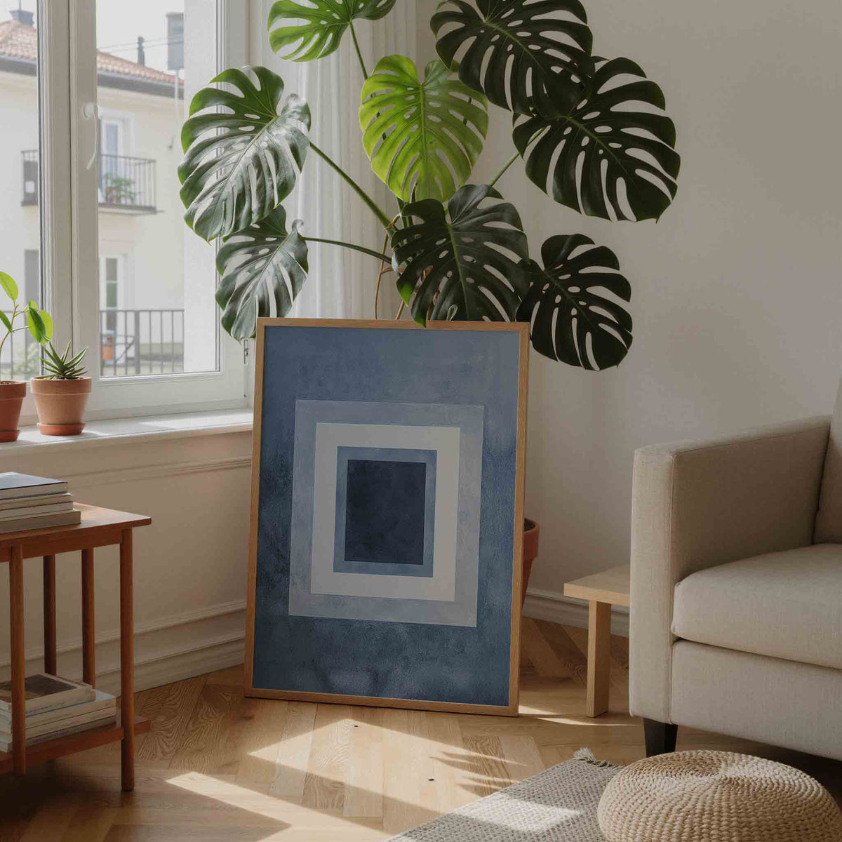 Blauwe vierkanten – staande botanische wanddecoratie van WallArtistic