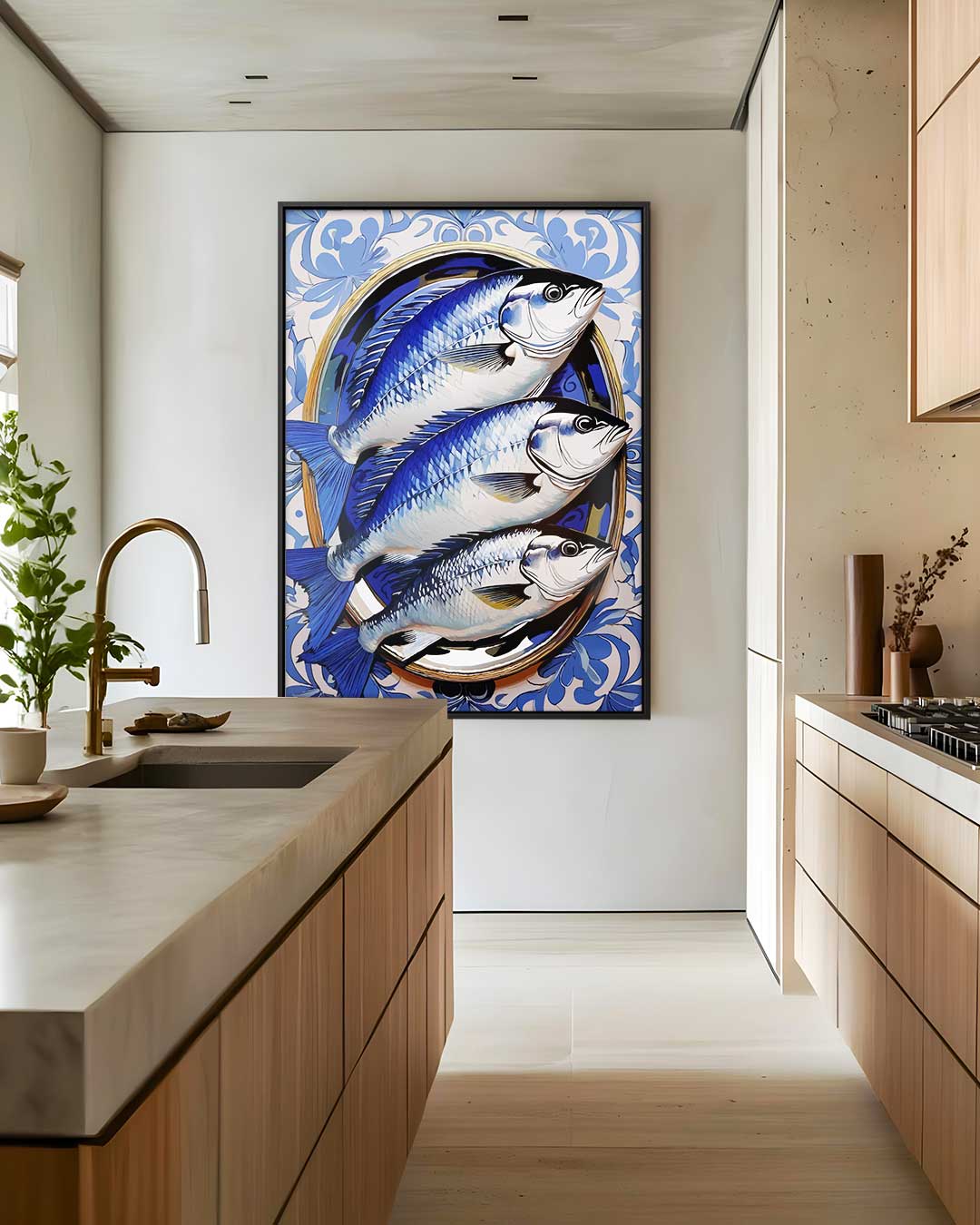 Blauwe Vissen op Bord Kunstwerk – staand kunstwerk voor modern interieur