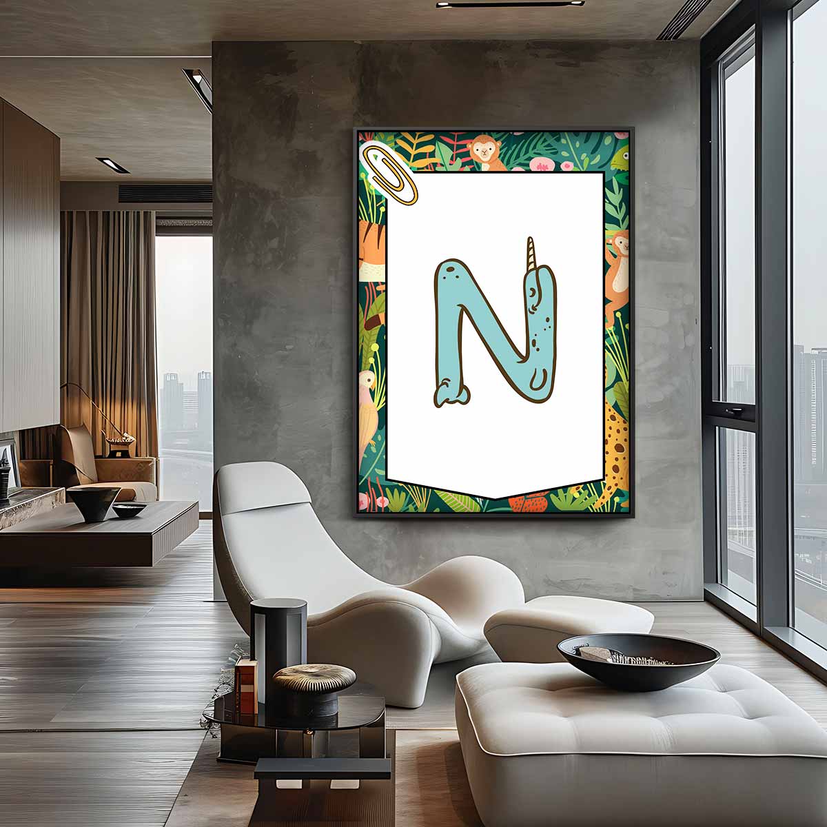 Narwhal N Kinderalfabet Print – canvas wanddecoratie in portret formaat