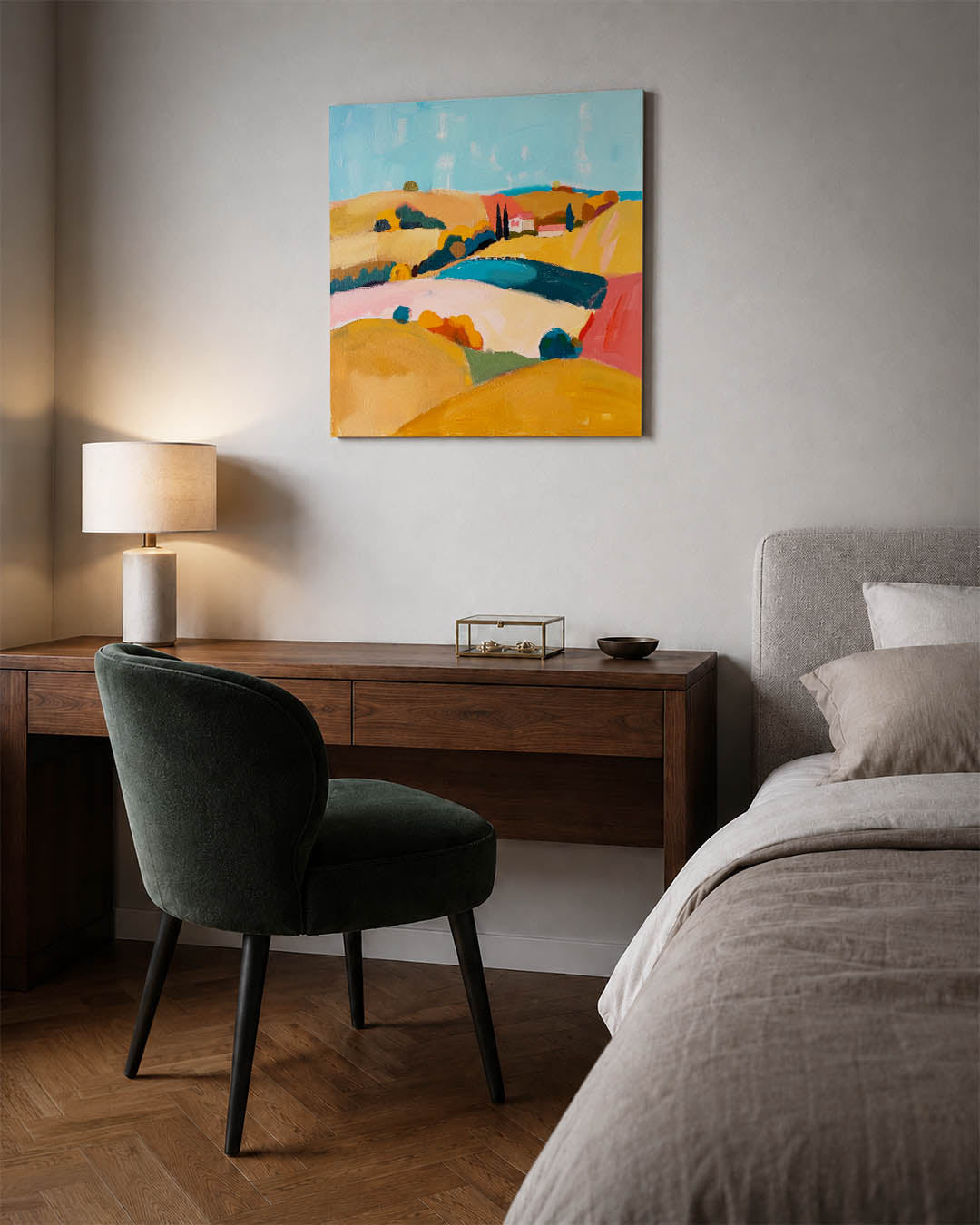 Kleurrijk landschap kunstwerk – materiaalweergave – dit kunstwerk toont een levendig landschap met glooiende heuvels en een