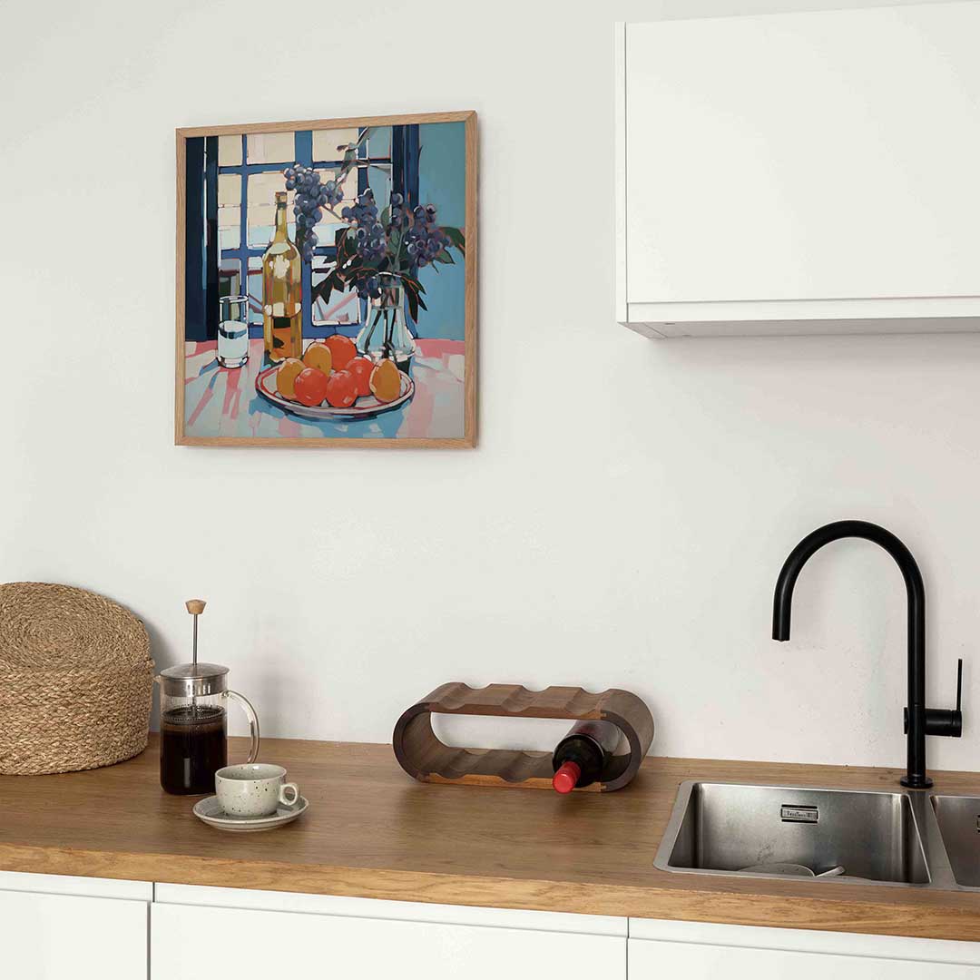 Stilleven met fruit en fles – keukenposter in vierkant formaat
