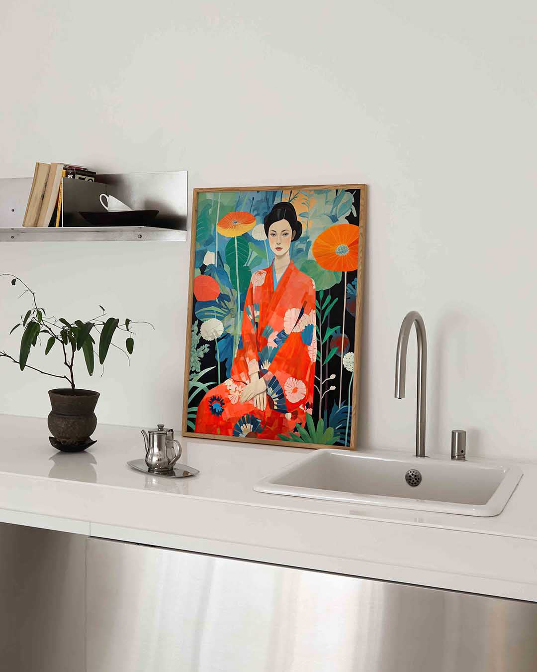 Vrouw in kimono met bloemen – Aziatische poster in staand formaat