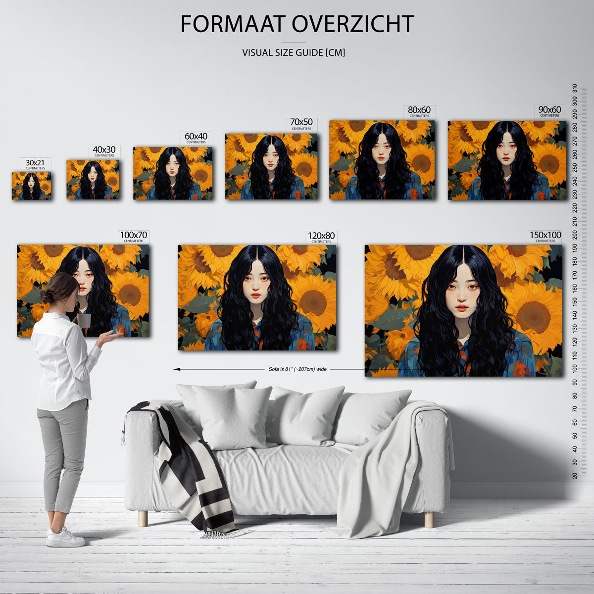 Vrouw met zonnebloemen – landscape muurposter met eigentijdse illustratie