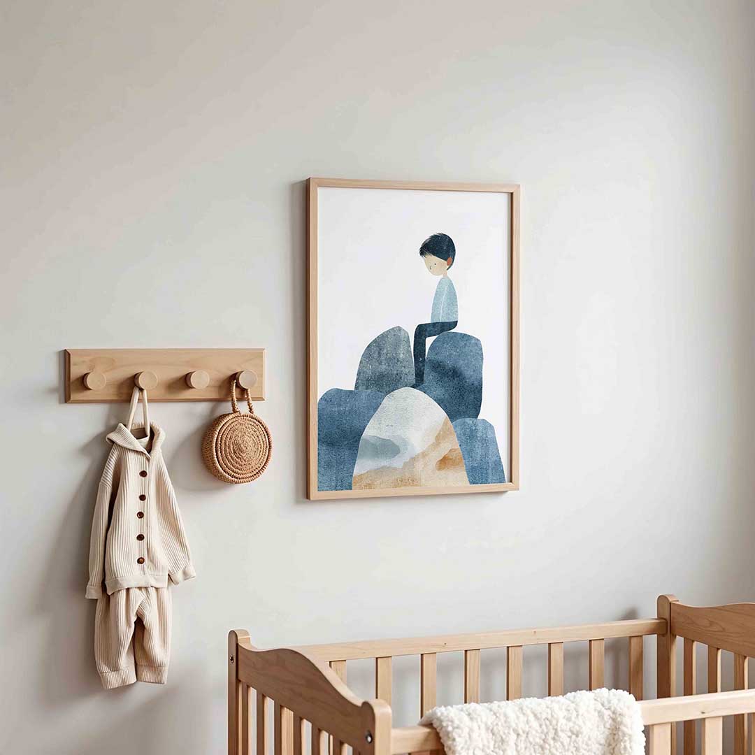 Zittende figuur op rotsen – kinderposter in staand formaat