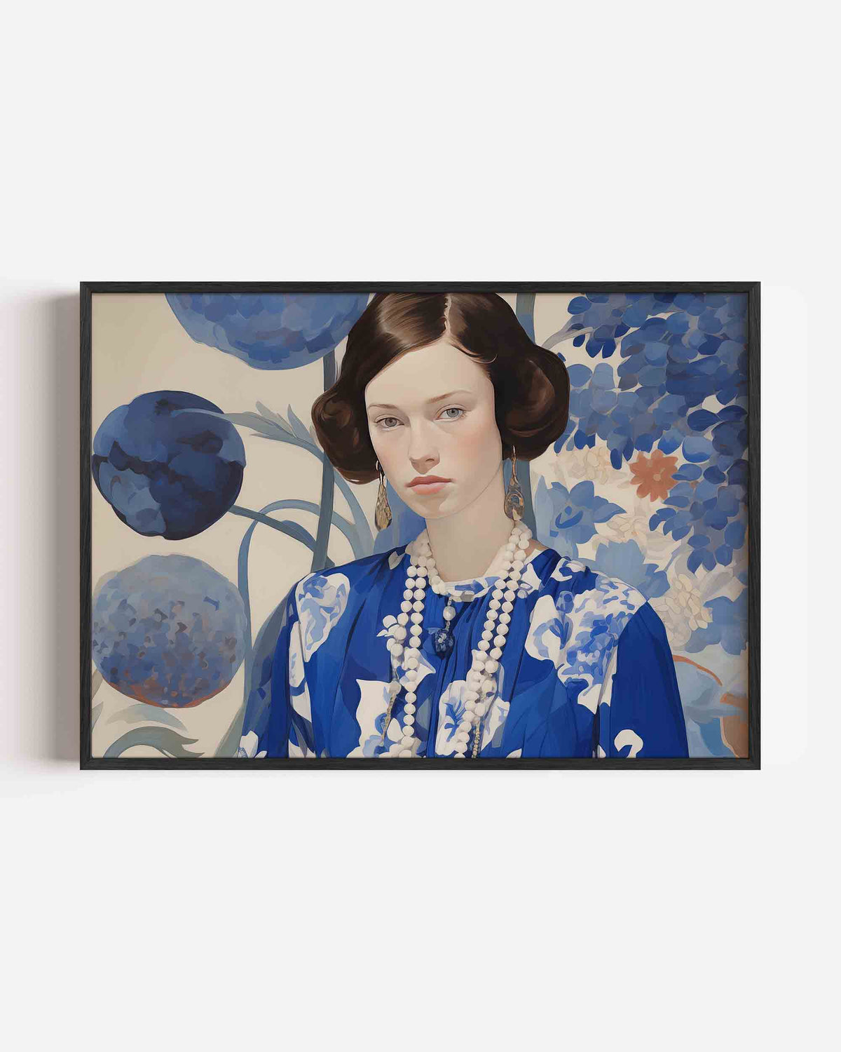 Vrouw met blauwe bloemen – vrouwelijk portret als landscape poster
