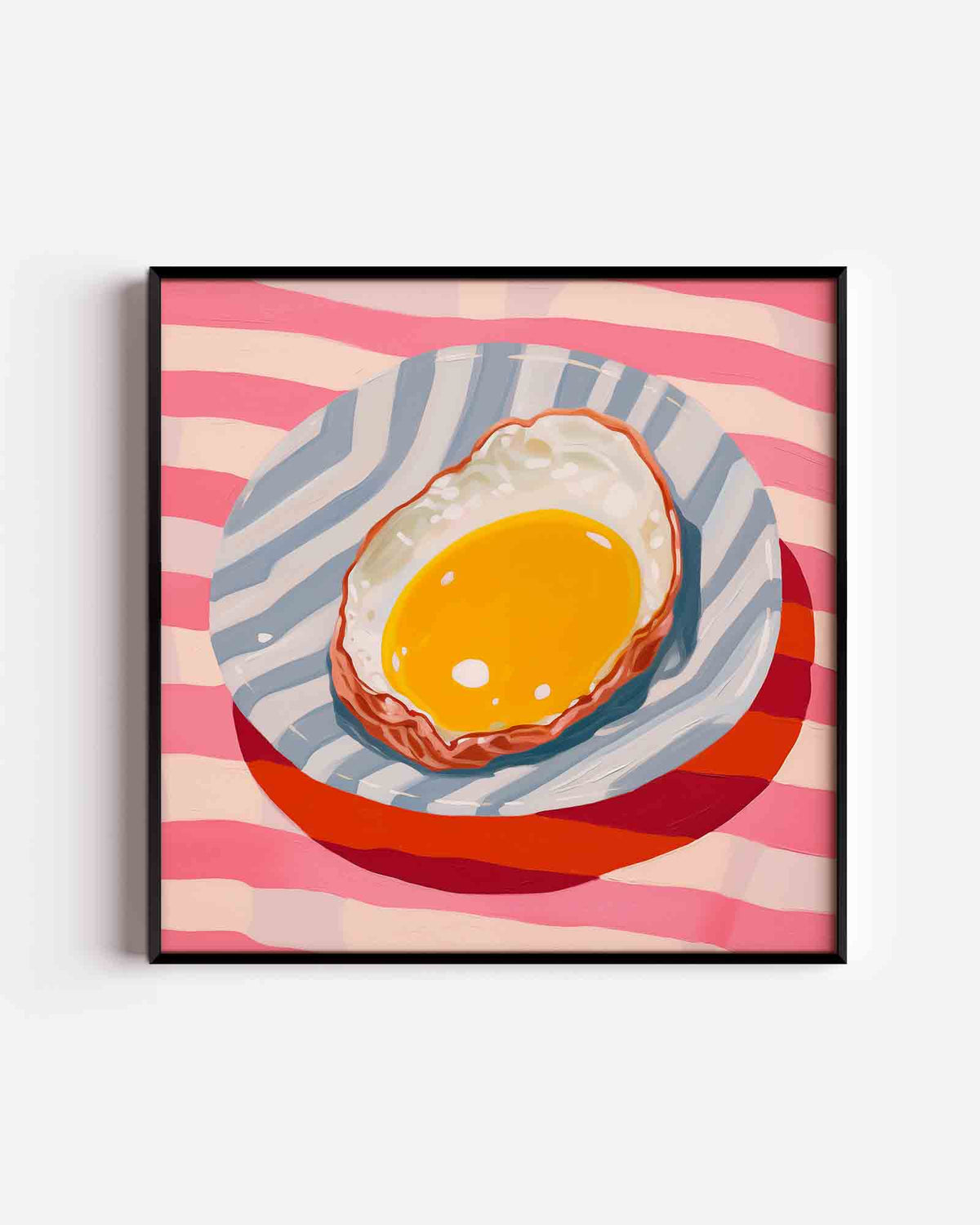 Gebakken ei op gestreept bord – keuken vierkante poster als wanddecoratie
