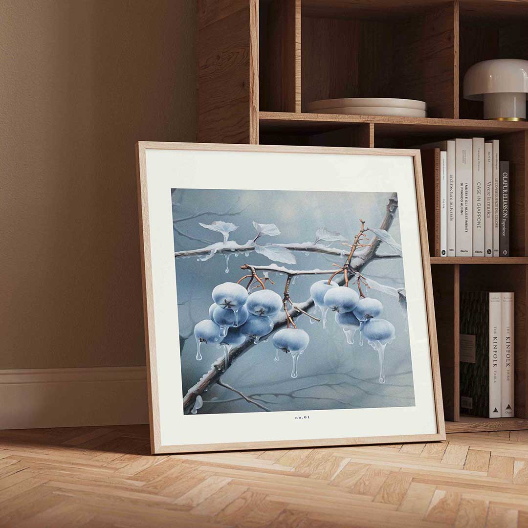 Tak met ijs en bessen – vierkante kerst wanddecoratie van WallArtistic