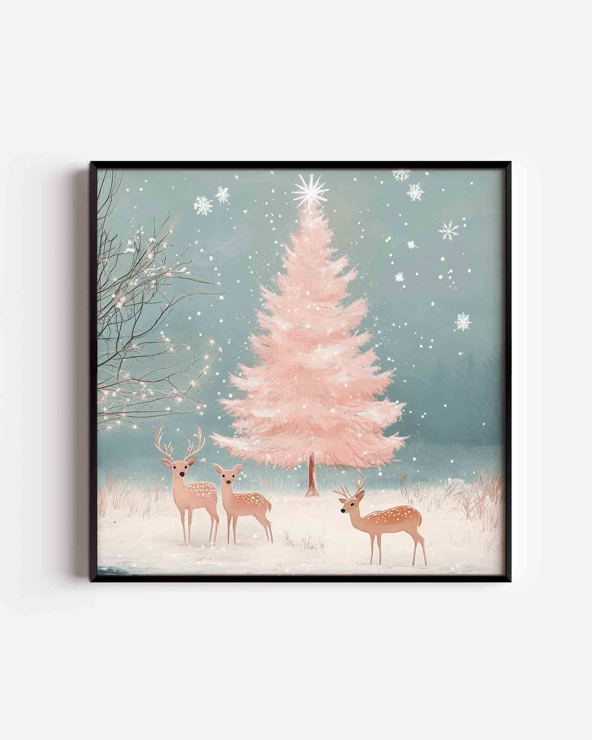 Herten en roze boom – vierkante kinderposter als wanddecoratie