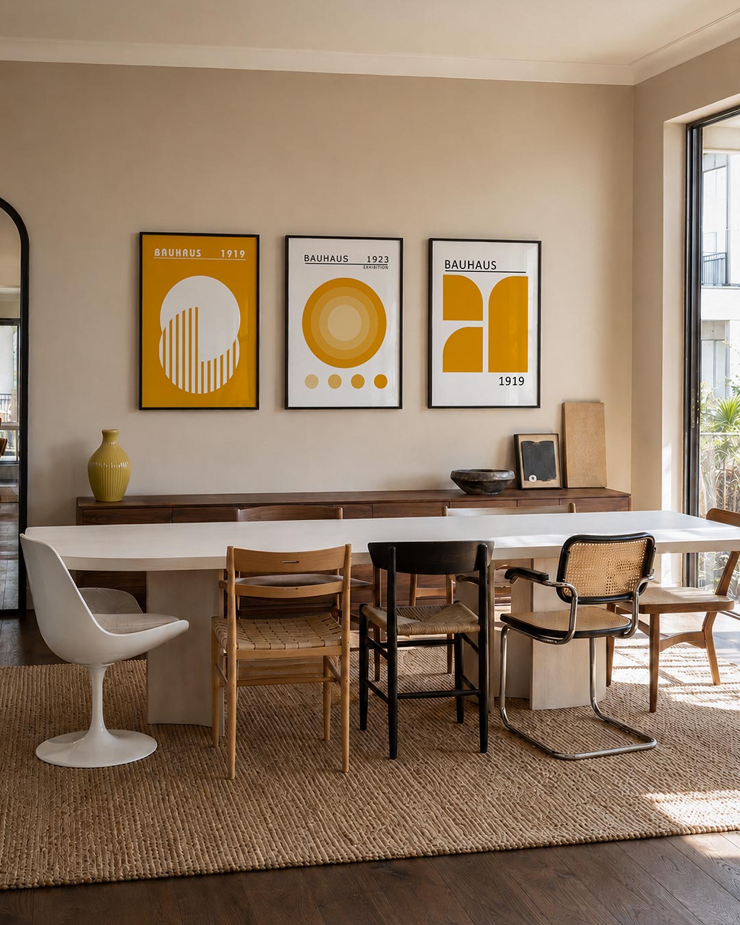 Cirkel en strepen driedelige posterset – deze posterset in drie delen toont een grote witte cirkel met verticale strepen op
